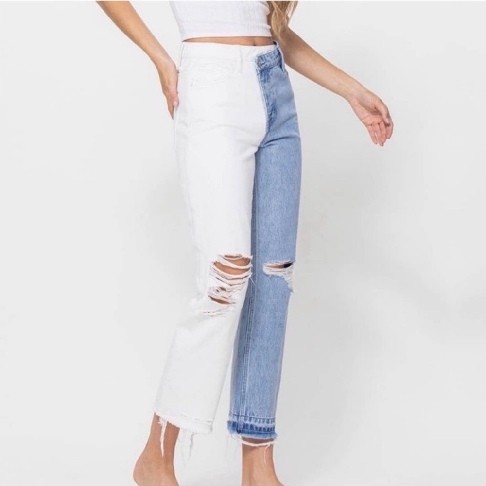 VERVET Size 26 Two-Tone Split Denim Jeans - White & Light Blue